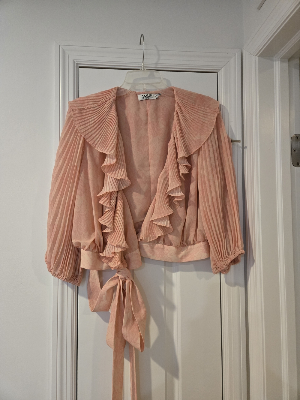 AMUR Pink Lace Pattern Pleated Ruffle Wrap Blouse